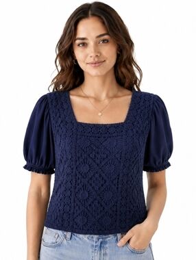 Broadway 38 Navy Crochet Lace Boho Top Puff Sleeve Romantic Cottagecore L